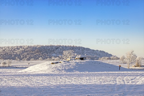 Passage grave on a hill in a beautiful winter landscape with snow and hoarfrost in the countryside,