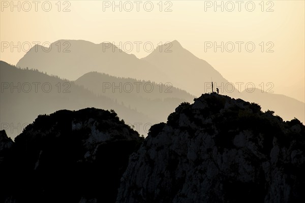 Lone mountaineer on the summit of the Hörndlwand in the Chiemgau Alps with the silhouette of