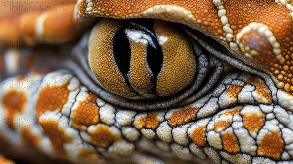Close up on the wrinkled skin of a gecko with intricate patterns and vibrant hues, AI generated