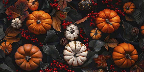 Banner with orange and white pumpkins between dark autumn leaves and red berries. Generative Ai, AI