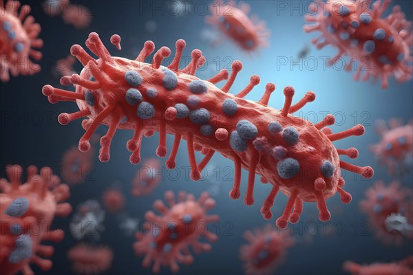 Three dimensional render of a tuberculosis bacteria in an organism, AI generated
