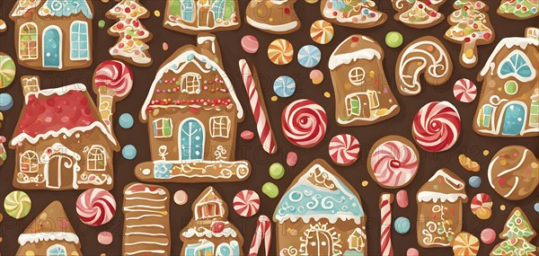 Abstract wallpaper illustration of of gingerbread house decoration, AI generated