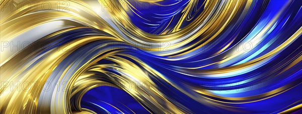 Abstract Illustration of energetic and dynamic swirl of gold, silver, and deep blue hues,