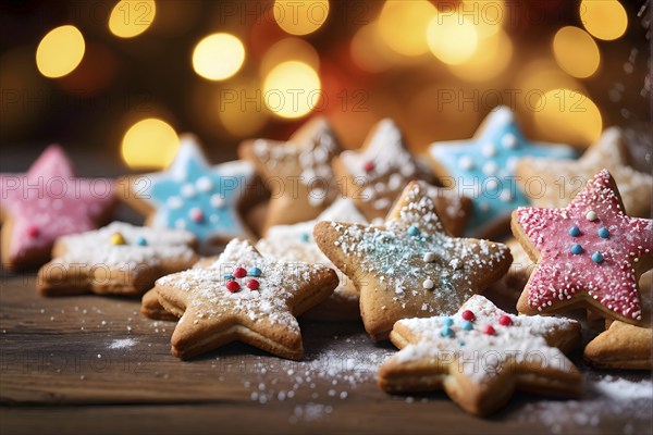 A detailed shot of Christmas cookies on a wooden table, featuring star-shaped cookies with colorful