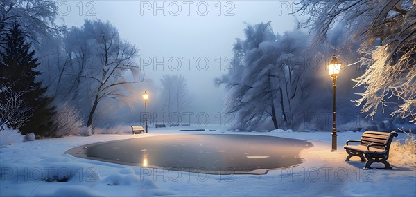 Frozen pond surrounded by snow-covered trees, with a wooden bench and lamppost nearby, softly