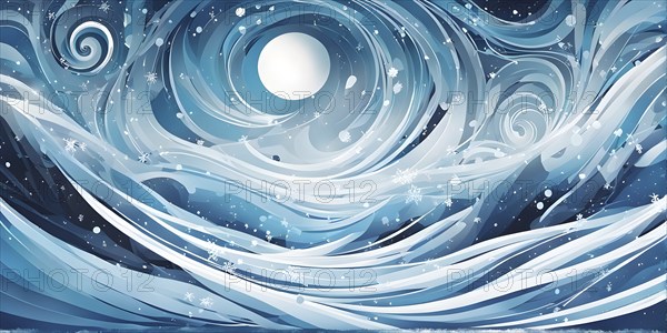 Abstract illustration of dreamy, icy landscape with swirling blues, whites, and silvers, evoking