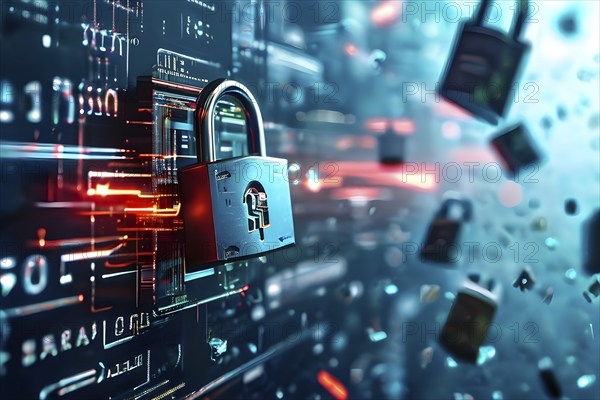 AI generated cyber attack on a bank depicted through a metaphor of shattered locks