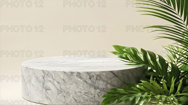 Marble stone podium stage with some green leaves for cosmetic beauty presentation, AI generated