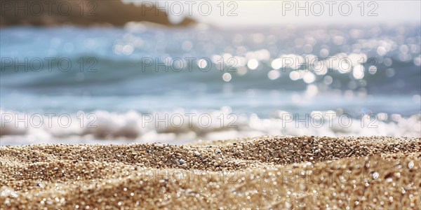 Close up of sand beach with ocean in background. KI generiert, generiert, AI generated