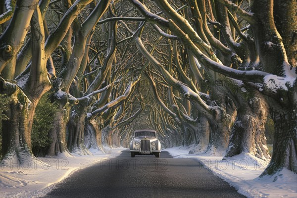 A Rolls Royce vintage car drives through a snow-covered tree-lined avenue in winter in an evening