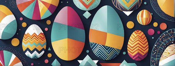 Abstract Easter egg design with geometric patterns, bold colors, and a mix of textures, creating a