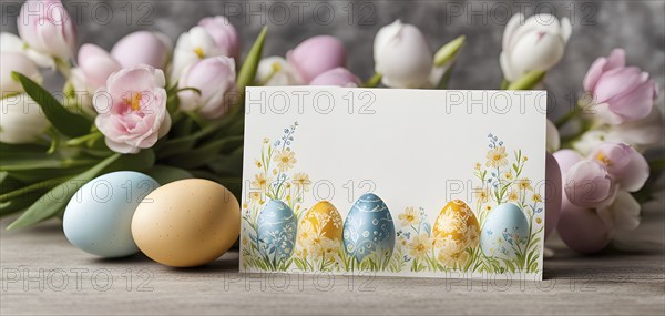 Easter card with delicate hand-drawn illustrations, placed among fresh flowers and decorated eggs,