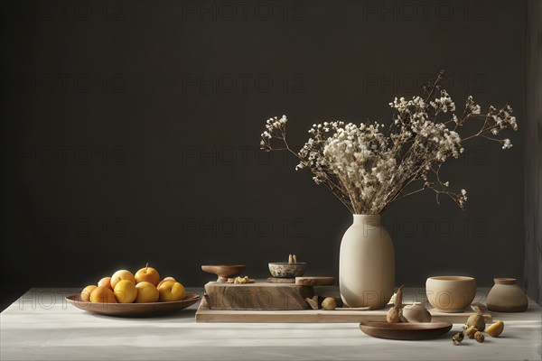Still life scene of a simple wooden table with a vase of dried flowers, a few ceramic bowls, and