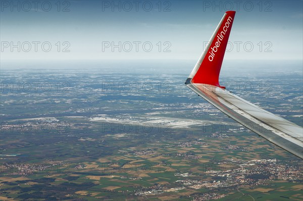Aerial photo, view from Boeing 737 Air Berlin, right wing, behind Munich Airport, Bavaria, Germany,