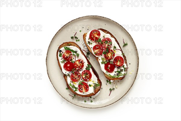 Sandwiches with cream cheese and cherry tomatoes, breakfast, homemade