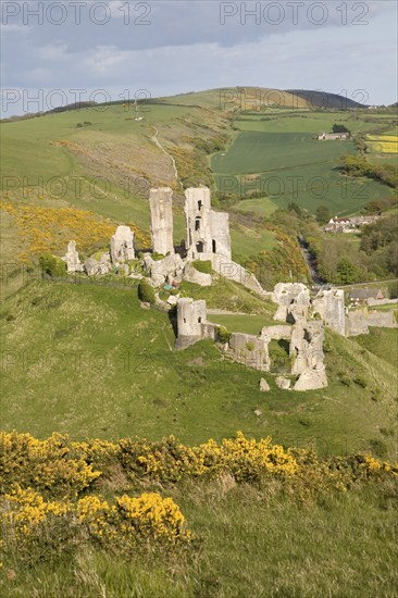 Corfe Castle is located in a natural defensive site on a hill between chalk ridges and for a