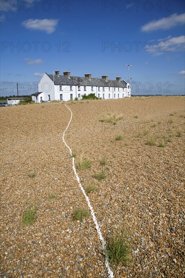 Line of white shells leading to Coastguard Cottages, Suffolk, England, United Kingdom, Europe