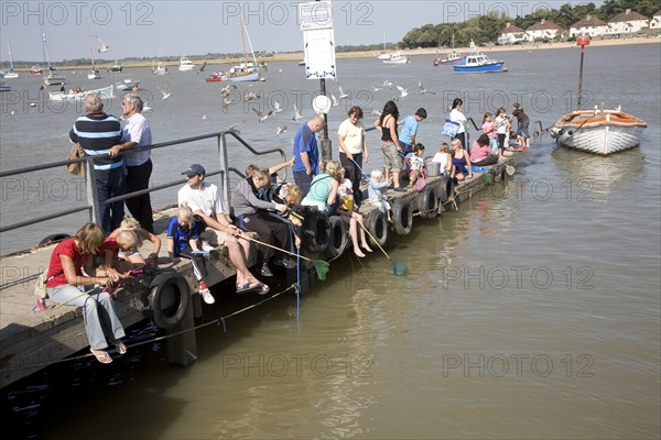 People crabbing from jetty, Felixstowe Ferry, Suffolk, England, United Kingdom, Europe