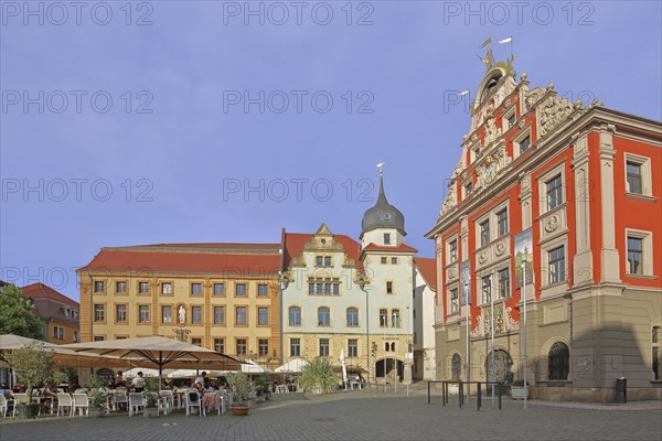 Restaurant Ratskeller with onion dome and old town hall, Renaissance, historic, historical, red,
