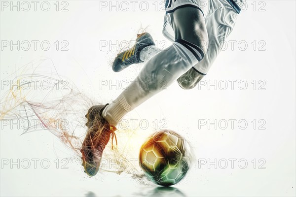 A soccer player dribbles and kicks a ball on a field double exposure style, AI generated