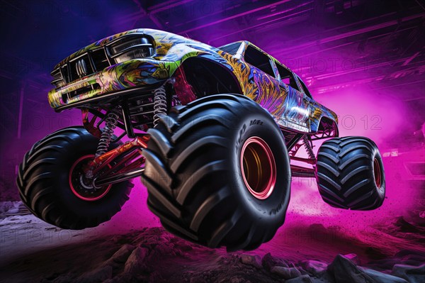 Monster truck with neon lighting, jumping off-road in cloud of dust. Excitement and thrill of an