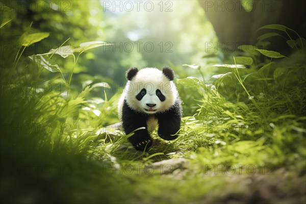 Cute panda cub in a lush bamboo grove, The image showcases the beauty and serenity of nature and