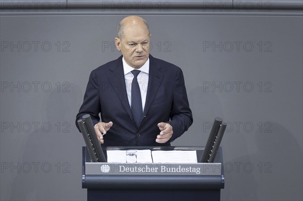 Olaf Scholz (SPD), Federal Chancellor, recorded during his government statement in the German
