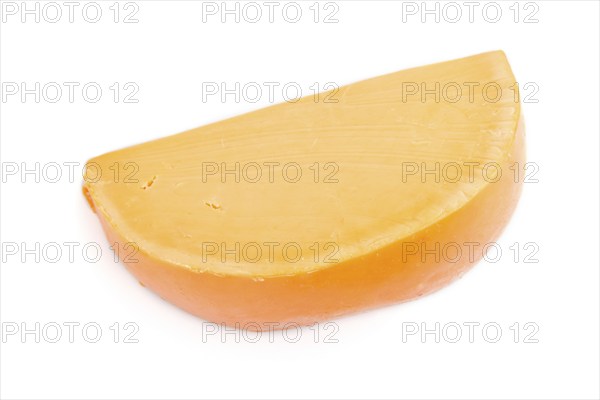 Piece of orange cheese isolated on white background. Top view, close up