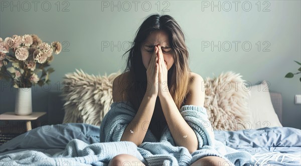 A woman lying in bed with a tissue in her hand, looking very sick with high temperature and fever,