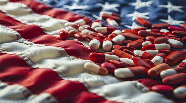 Painkiller epidemic in the US, tablets, needles and syringes lying on American flag, AI generated