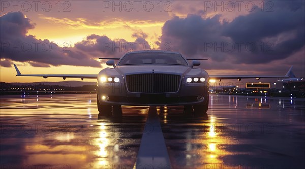 Successful businessman car in front of private airplane ready for luxury business corporate travel,