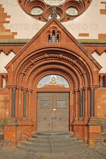 Portal with fittings of the neo-Romanesque St. Lutwinus Church, tympanum, decoration, church door,