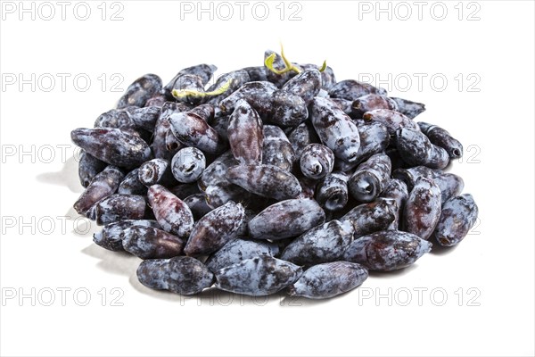 Pile of Blue honeysuckle (Lonicera caerulea) or Haskap berry isolated on white background. Closeup