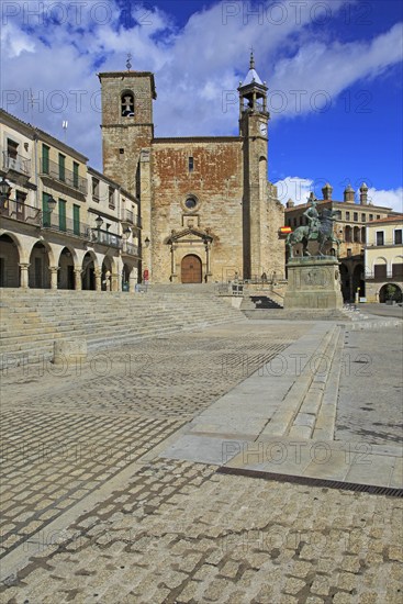 Iglesia de San Martin church and Pizarro statue in historic medieval town of Trujillo, Caceres