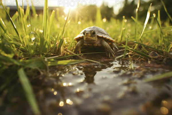 A cute little turtle crawls in grass, illuminated by the golden rays of the setting sun, AI