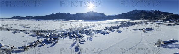 Aerial view of a village in front of mountains, sun, snow, winter, panorama, Schlehdorf, view of