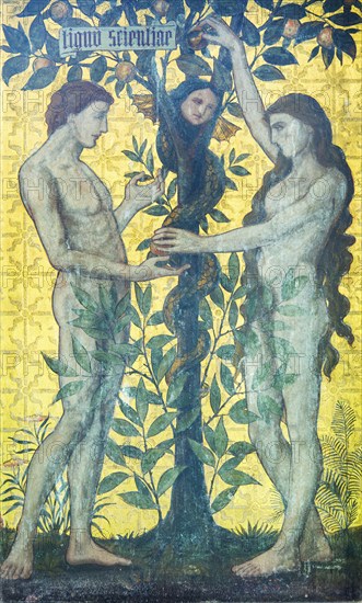 Tree of Knowledge with Adam and Eve reredos painting by Norman Shaw 1870s, Kelsale church, Suffolk,