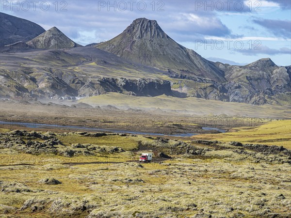 Skafta river and Uxatindar mountain range, camper van on road F206, Laki tourist road, Iceland,