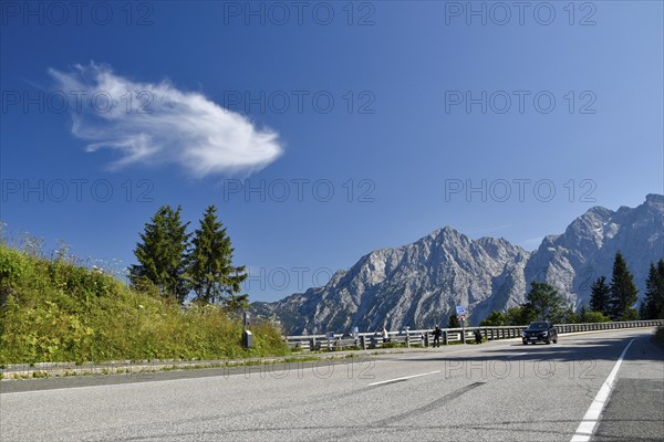 Tourists on the Rossfeld panoramic road near Berchtesgaden with the Hoher Göll, Bavaria, Germany,