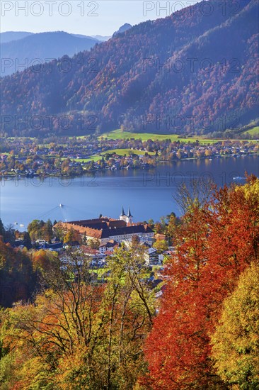 Panorama of the village and lake with the monastery castle in autumn, Tegernsee, Tegernsee,