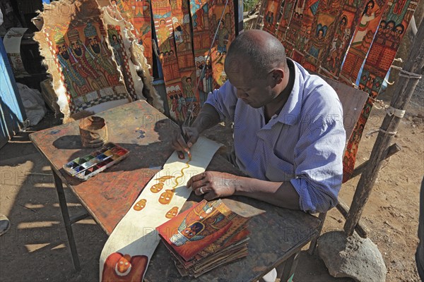 Lalibela, eastern group of rock-hewn churches, artist painted leather with religious,