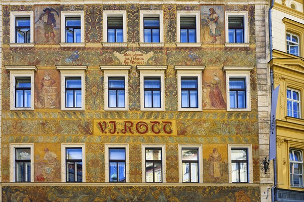 Colorful facade of Rott Hotel and Hard Rock Cafe, Prague, Bohemia, Czech Republic, Europe