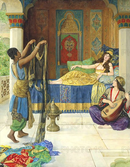 An oriental scene with a woman resting on a bed, a servant holding a robe, and another woman