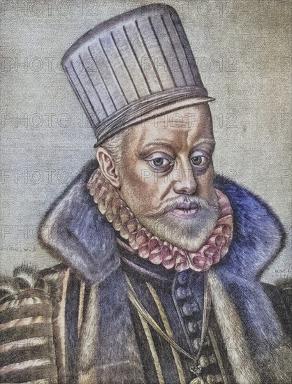 Philip II. 1527 to 1598 King of Spain 1556 to 1598 Felipe II. Rey de Espana. From Das Evangelium in