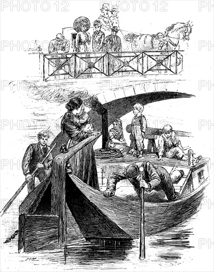 Spree boatman, family travelling with a Spree barge, Germany, 1880, Historical, digital
