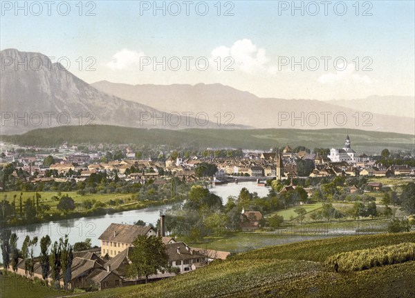 View of Solothurn in Switzerland, Historical, digitally restored reproduction from a 19th century