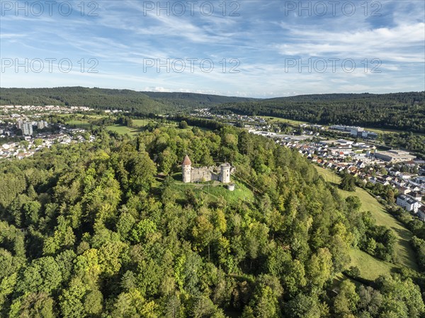 Aerial view of the Honburg castle ruins on the Honberg above the town of Tuttlingen, district of