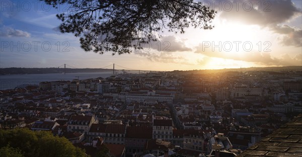 Scenic panoramic views of Lisbon and 25 of April bridge from Saint George Castle Sao Jorge lookout