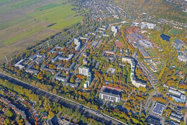 Bergedorf West, residential area, block, multi-family, house, 50 years old, aerial view,