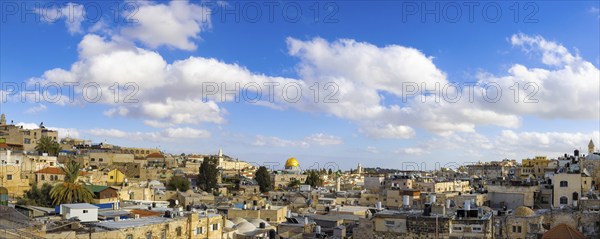 Panoramic skyline of Jerusalem Old City Arab quarter near Western Wall and Dome of the Rock